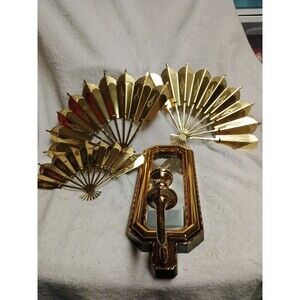 1972 Vintage Gold Wall Candle Mirror 3 Brass Metal Fans Homco Hollywood Regency